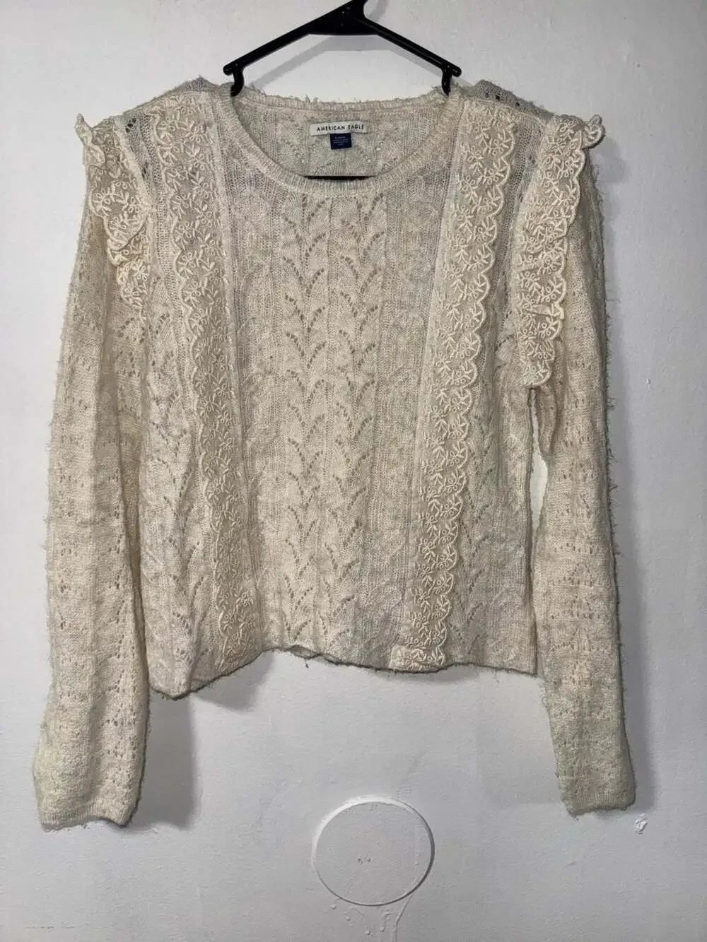 American Eagle Lace Ruffle Sweater Cream Medium